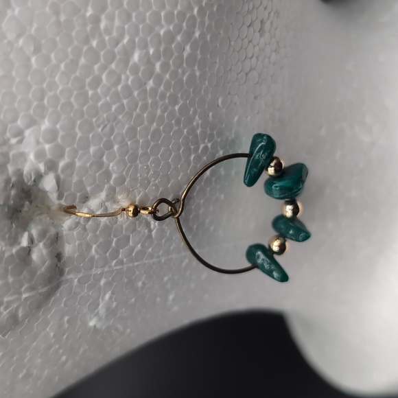 Gold Toned Hoop Drop Dangle Hook Earrings Gold Toned and Green Stone Like Beads - Picture 3 of 6